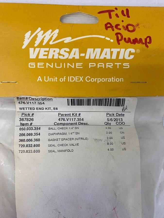 Used Versa-Matic 476.V117.354 Wet End Pump Repair Kit