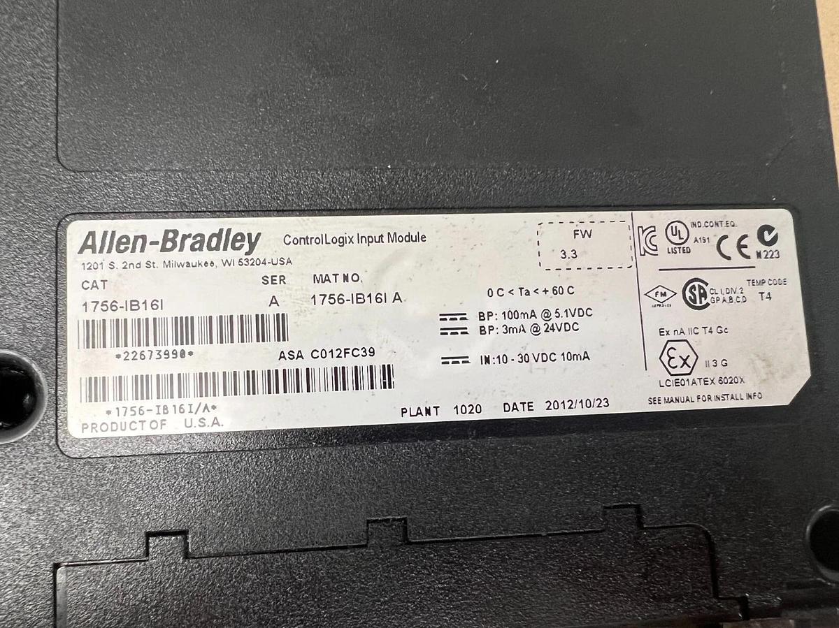 Used Allen Bradley 1756-IB16I Ser. A ControlLogix Input Module, FW 3.3