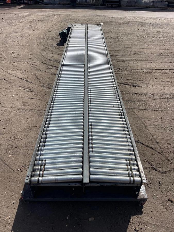 Used Power Roller Conveyor W:34” L:212” V-Belt, Baldor 1Hp, 1760RPM, Tigear 2 Gearbox