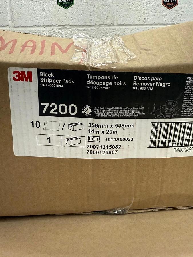 Used 3M 7200 Black Stripper Pads, 20” x 14”, 10 Pads Per Box, 175-600 RPM