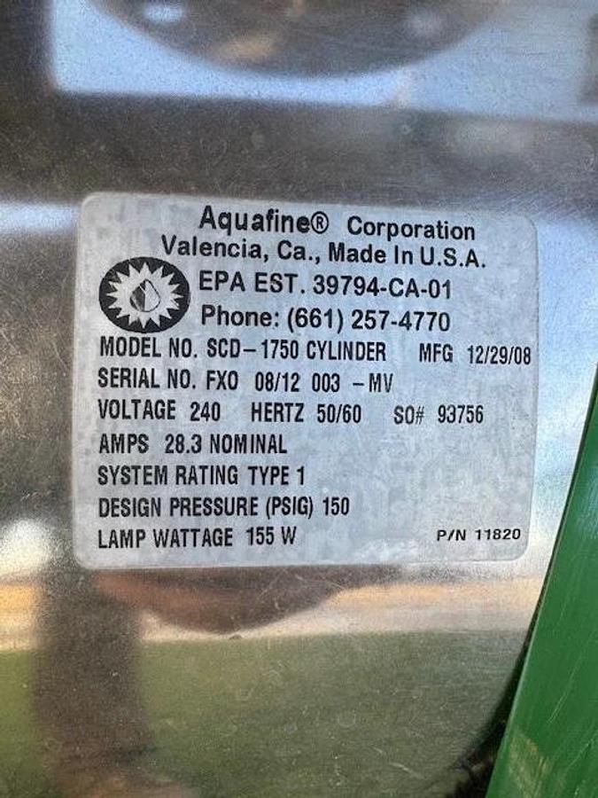 Used Aquafine SCD-1450 H Chlorine Destroyer Unit w/ SCD-1750 Cylinder