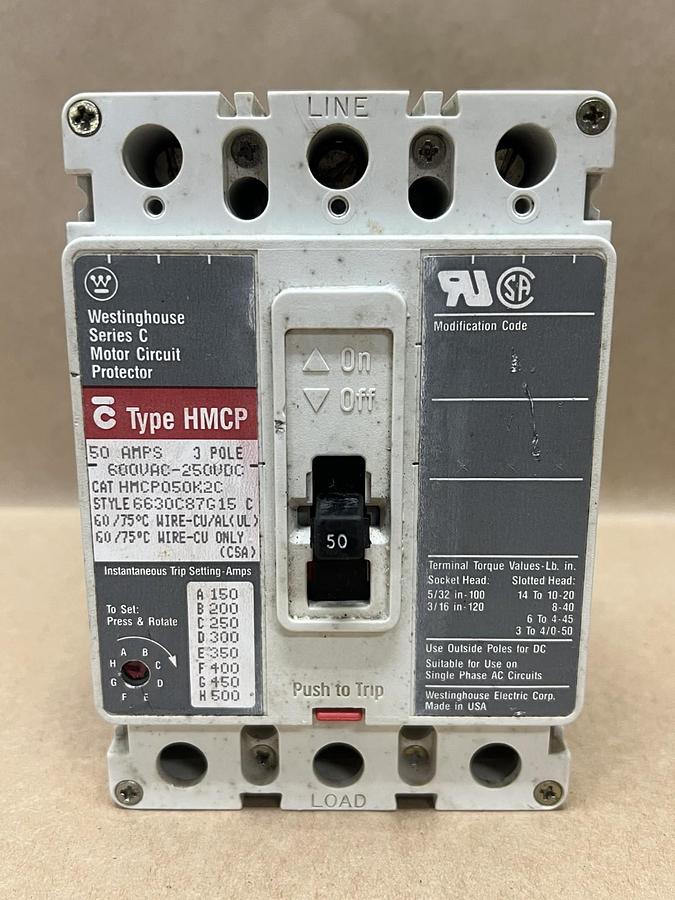 Used Westinghouse HMCP050K2C 50A, 3Pole, Ser C Motor Circuit Protector