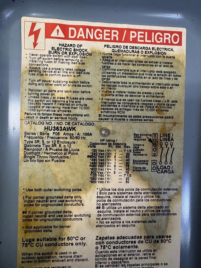 Used Square D HU363AWK 100A Heavy Duty Safety Switch, 600V, Series F05