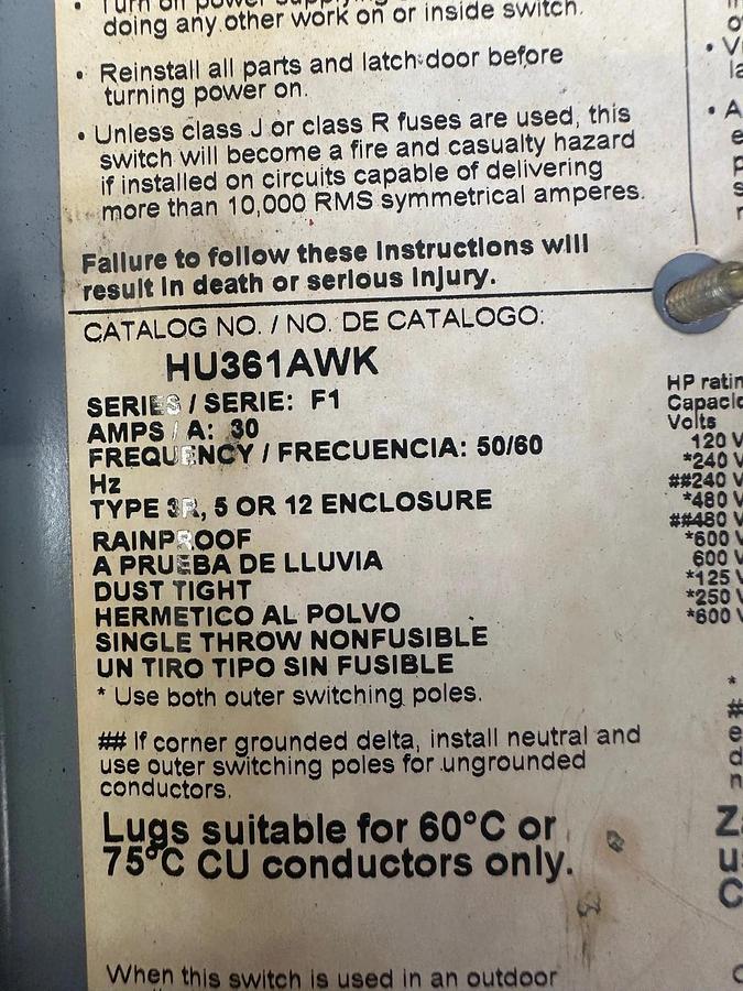 Used Square D HU361AWK Heavy Duty Safety Switch, 30A, 600VAC