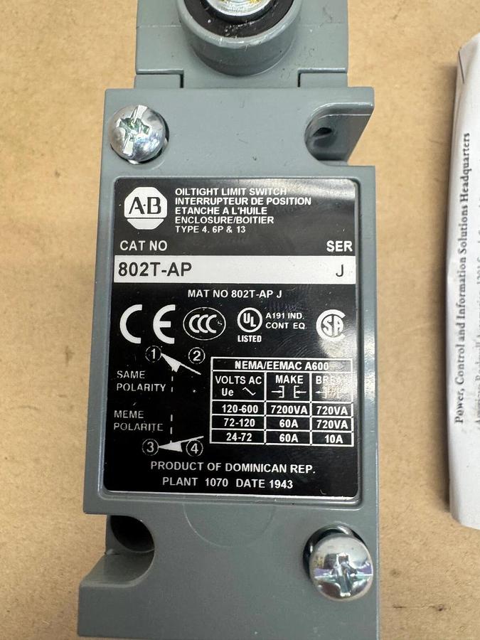 Used Allen Bradley 802T-AP Oil Tight Limit Switch, Series J