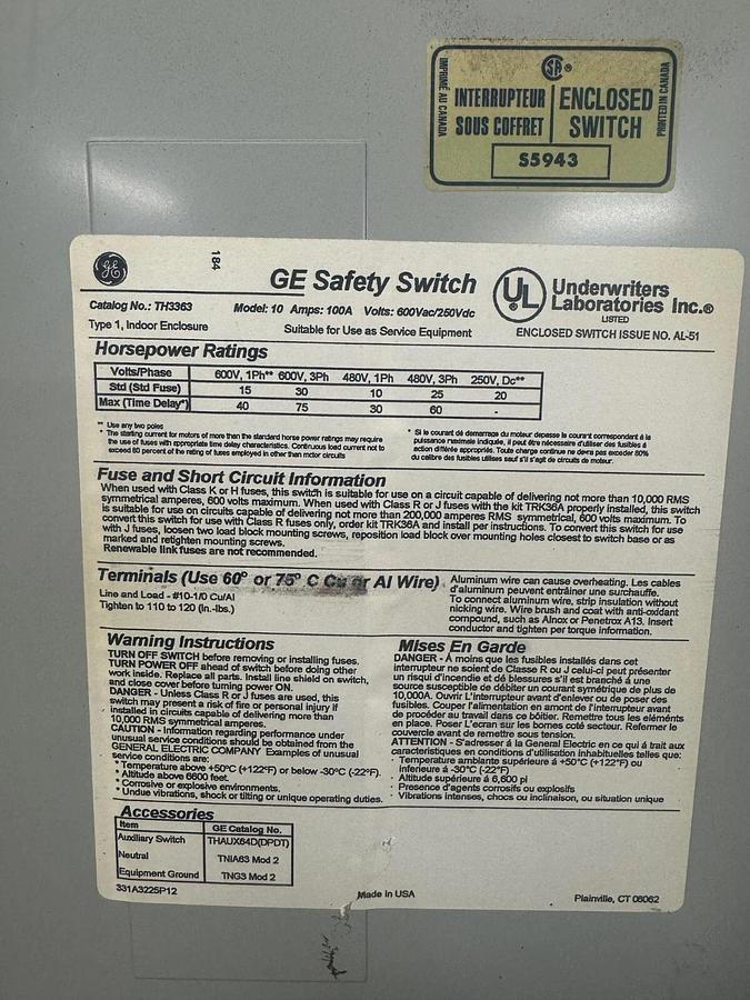 Used General Electric TH3363, 100 Amps, 600 Volts, Heavy Duty Safety Switch