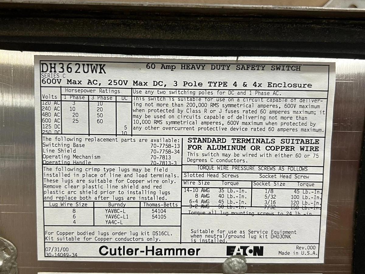 Used Cutler Hammer DH362UWK Heavy Duty Safety Switch, 3P, 60A, 600VAC