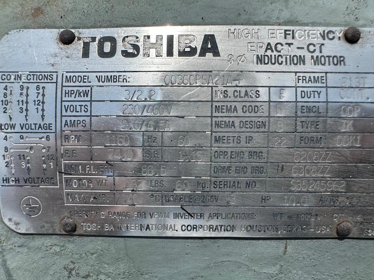 Used Toshiba 0036DPSA21A-P 3Hp Motor @ 1160RPM, 230/460V, 3 Phase, 213T Frame, 60Hz