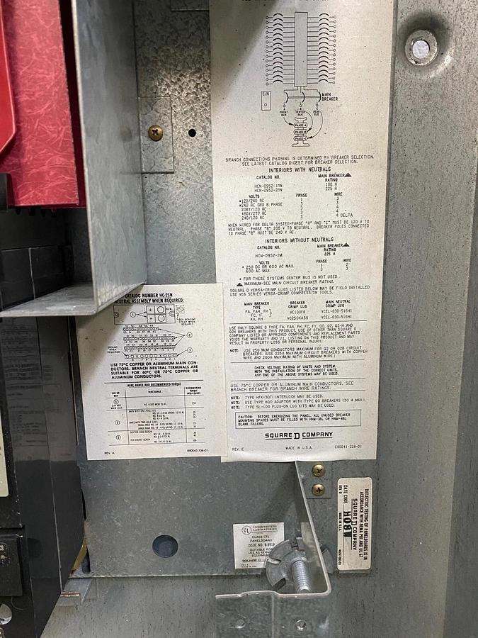 Used Square D HCN0952-2MN I-Line PanelBoard, 250V AC or DC, 600 VAC, Multiple Breaker