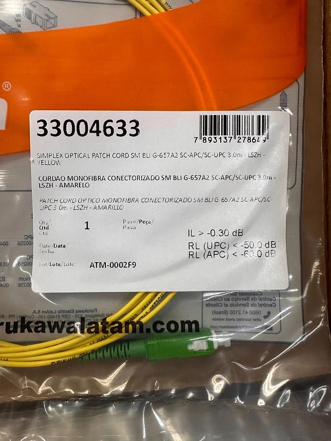 Used Furukawa Electric G-657A2, 3 meter Simplex Optical Patch Cord
