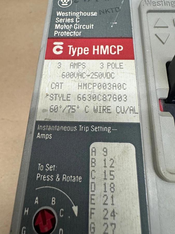 Used Westinghouse HMCP003A0C Circuit Protector, 3A, 3 Poles, 600VAC