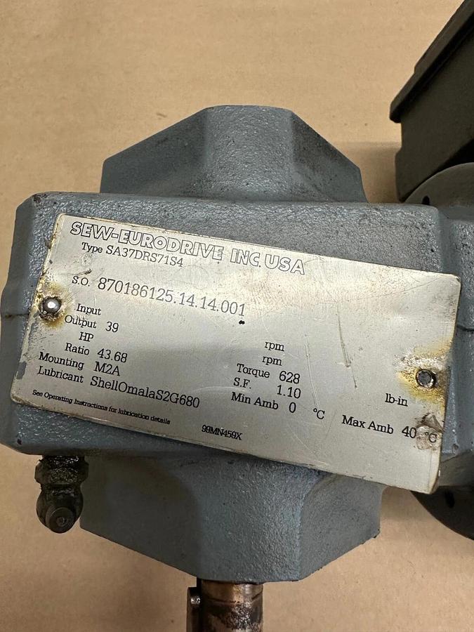 Used SEW-Eurodrive Inc. Gearbox 43.68:1, SA37DRS71S4, .5Hp Motor