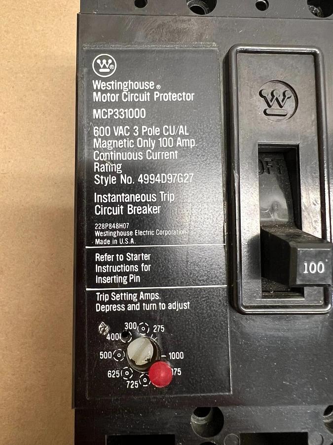 Used Westinghouse MCP331000 Motor Circuit Protector 600 VAC, 100 A