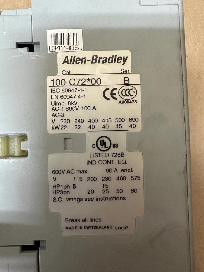 Used Allen Bradley 100-C72*00 Contactor, 100A