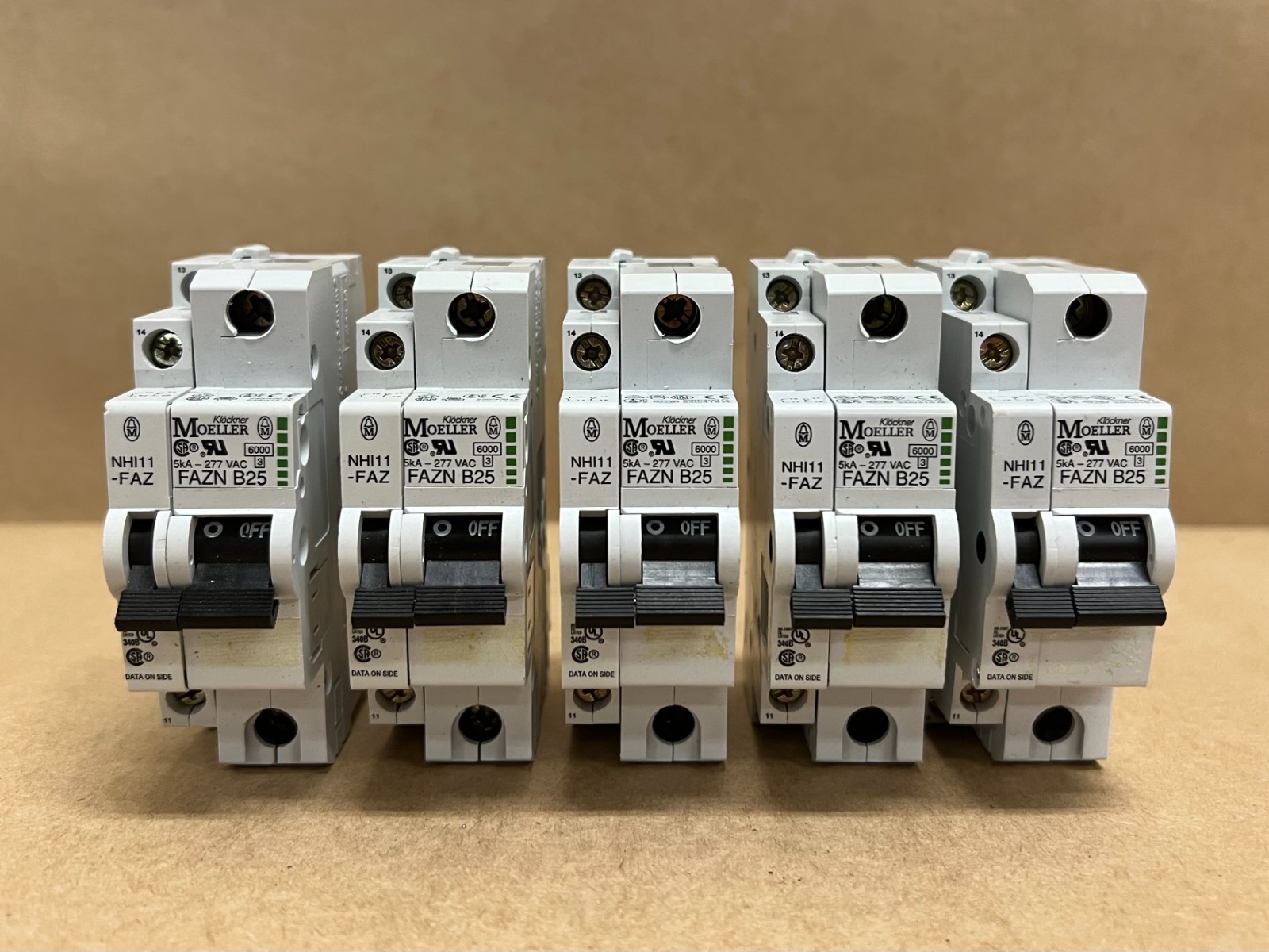 Used Moeller FAZN B25 5kA-277 VAC, 25A Circuit Breaker - Lot of 5