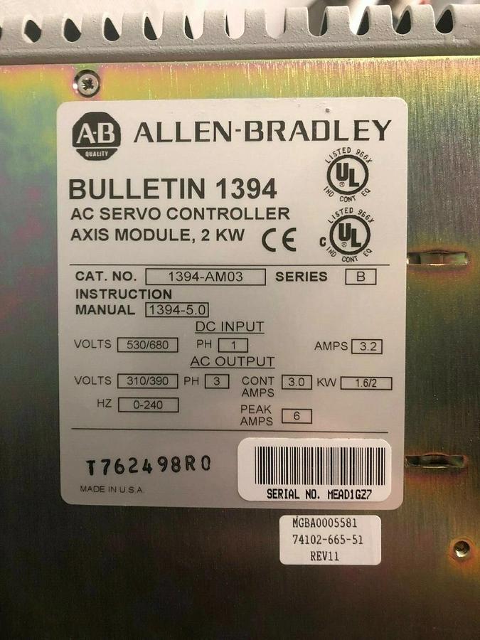Used Allen-Bradley 1394-AM03 Series B AC Servo Controller 2KW Axis Module