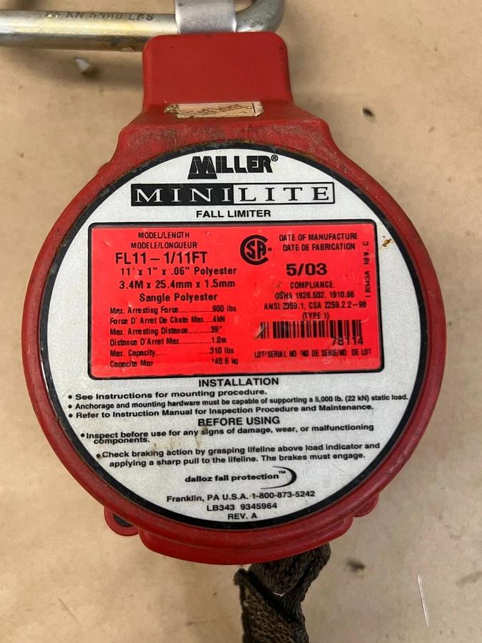 Used Miller FL11-1/11FT 11’. 1” x 0.6” Polyester Mini Lite Fall Limiter