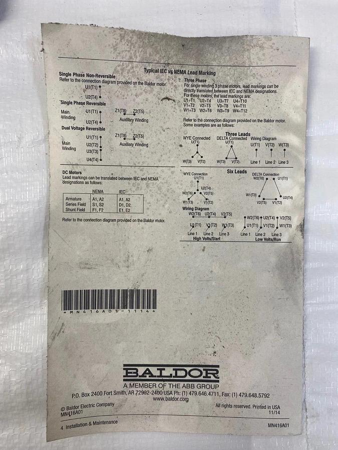 Used Baldor Reliance B85182494 Electric Motor 1/4hp, 1725RPM, 3 phase