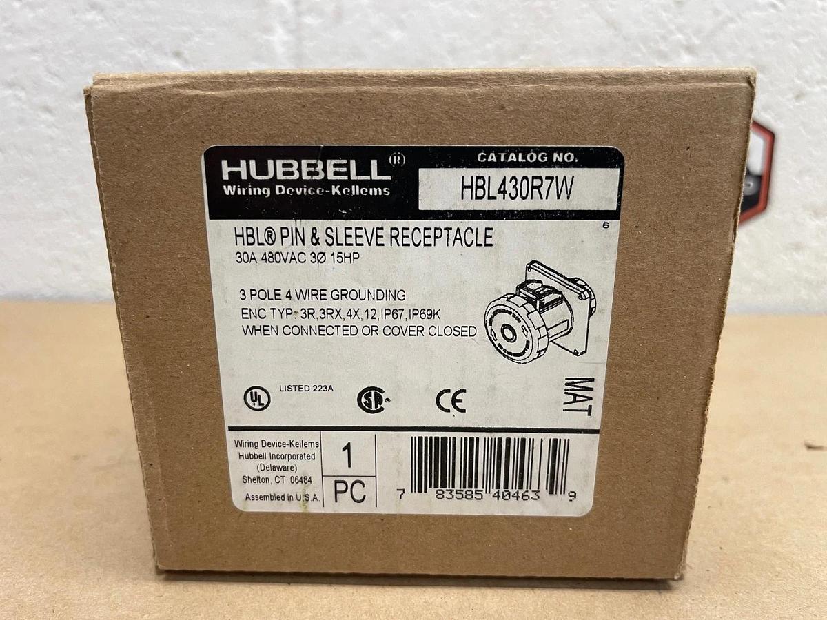 Used Hubbell HBL430R7W Pin & Sleeve Receptacle, 30A, 480VAC, 3 Phase