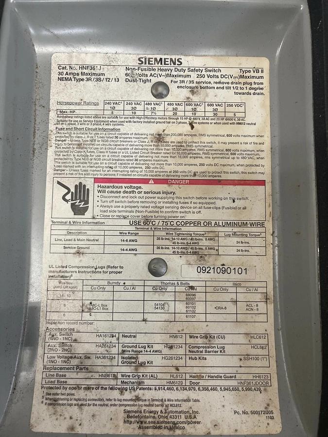Used Siemens HNF361J Heavy Duty Safety Switch, Non-fusible, 30 Amp, 600 VAC, 3 pole