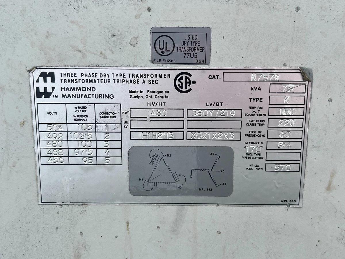 Used Hammond K757R 3 PH Dry Type Transformer, 480V, 75 kVA, 60Hz
