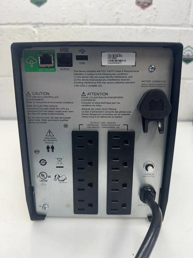 Used APC SMC1000C Smart UPS Connect, 1000 VA, 600W, 8.3A, 120V-50/60Hz