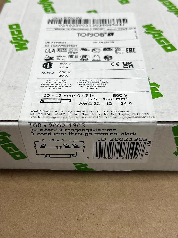 Used WAGO Topjob 2002-1303 Terminal Blocks 20A 600V 3-Conductor, Qty 100 FACTORY SEAL