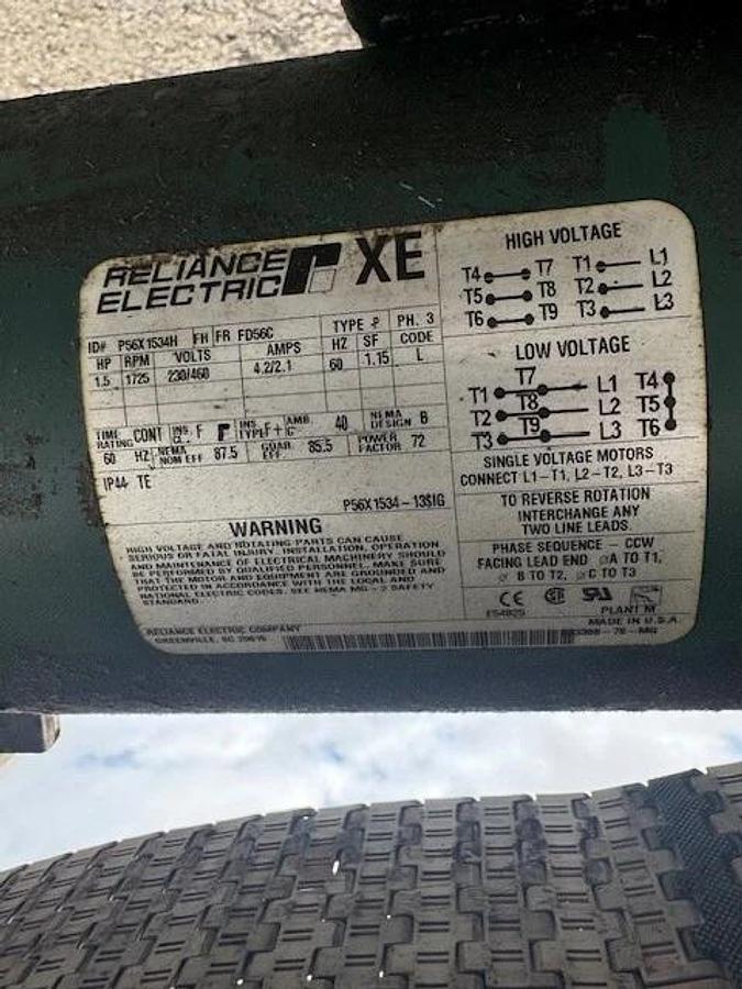 Used Industrial Conveyor, 104” x 12” Belt, w/ Reliance 1.5Hp Motor @ 1725 RPM