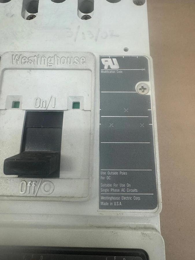 Used Westinghouse HMCP400X5 Circuit Breaker, 400 A, 600VAC, 250VDC, 3 Pole