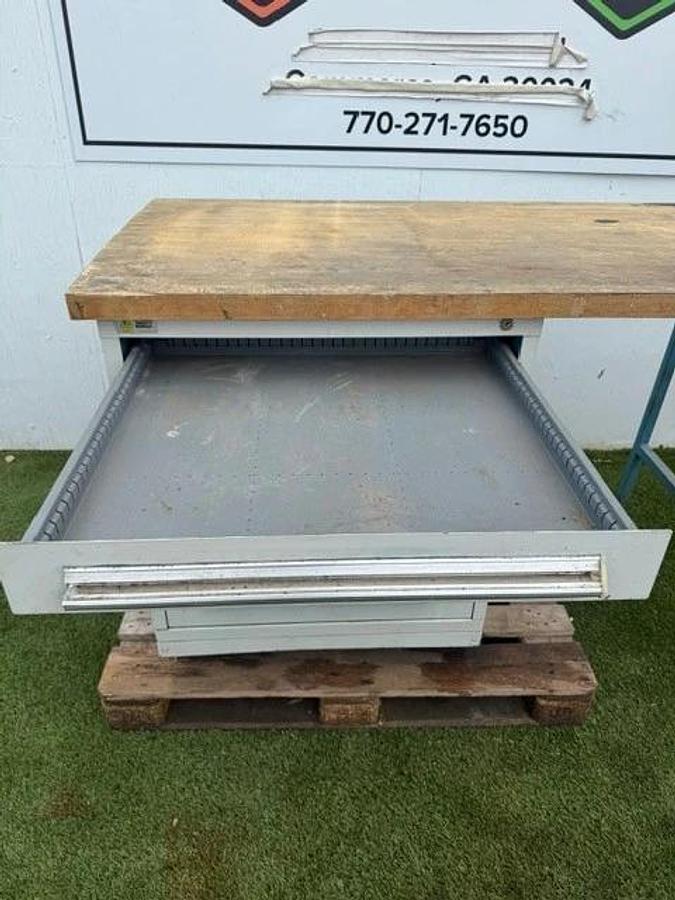Used Stanley Vidmar 60” x 30” Butcher Top Desk, 5-Drawer Cabinet 30” x 28” Cabinet
