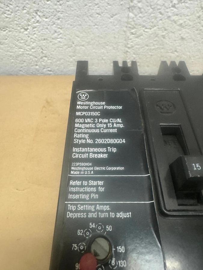 Used Westinghouse MCP03150 Motor Circuit Protector, 15 A, 600 VAC, 3 Pole