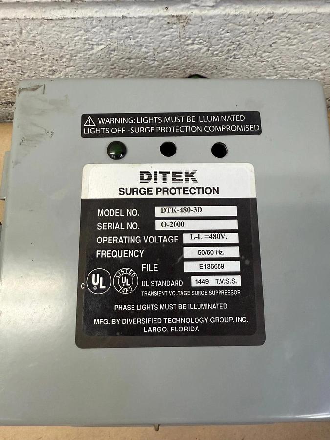 Used Ditek DTK-480-3D Surge Protection, 480V, 50/60Hz