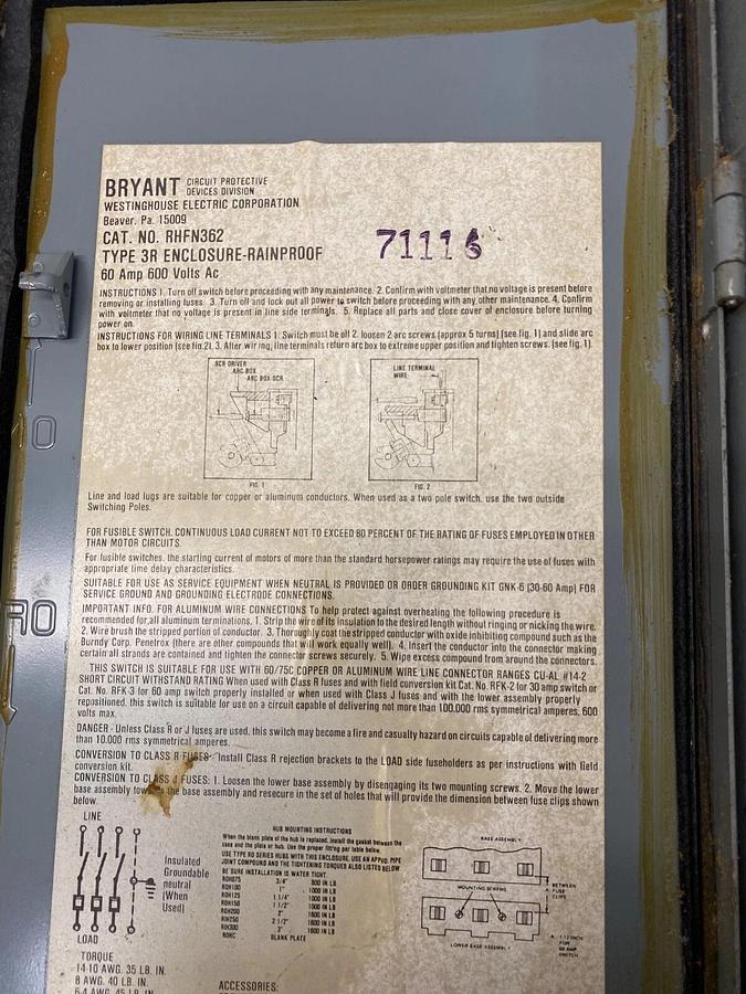 Used Westinghouse RHFN362 Heavy Duty Safety Switch 60Amp, 600 Volts