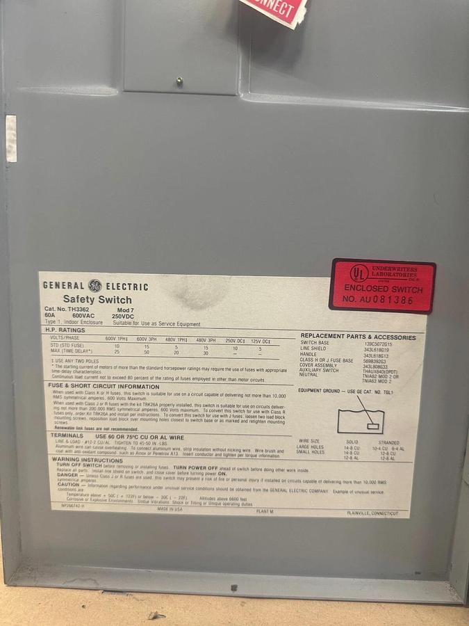 Used General Electric TH3362, 60 Amp, 600 Volt, Heavy Duty Safety Switch