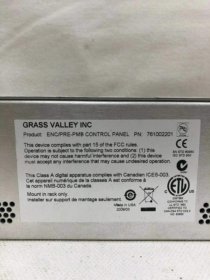 Used Grass Valley Encore/Prelude PMB Control Panel with Power Cord