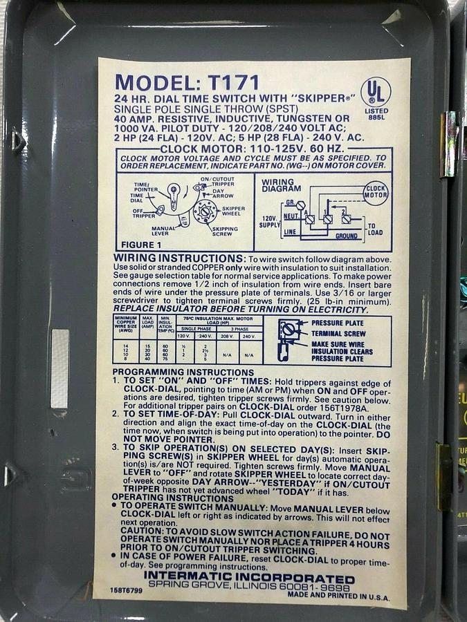 Intermatic T171 24 Hour Dial Time Switch w/ “Skipper”
