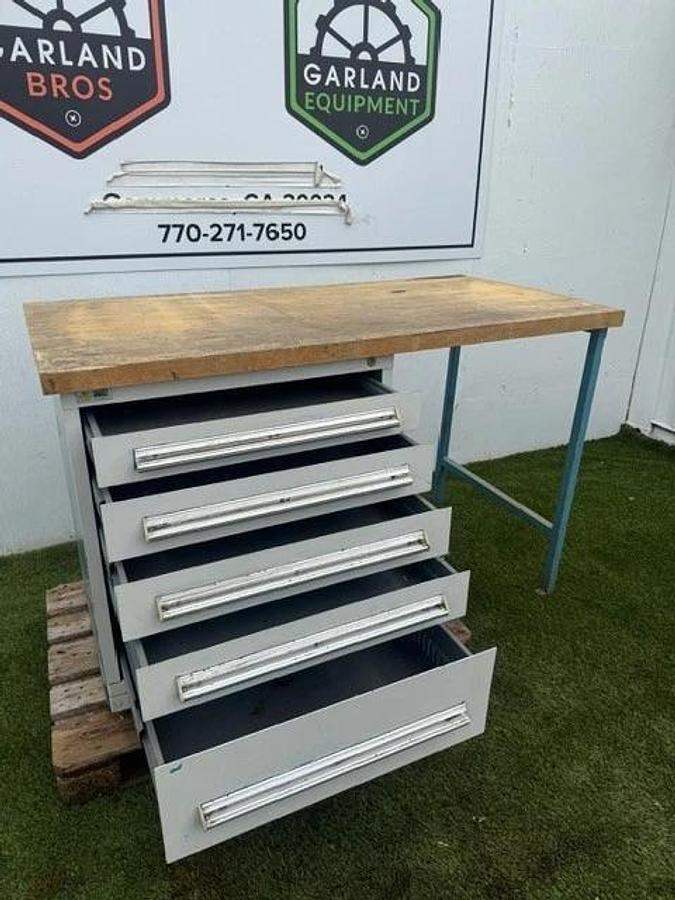 Used Stanley Vidmar 60” x 30” Butcher Top Desk, 5-Drawer Cabinet 30” x 28” Cabinet