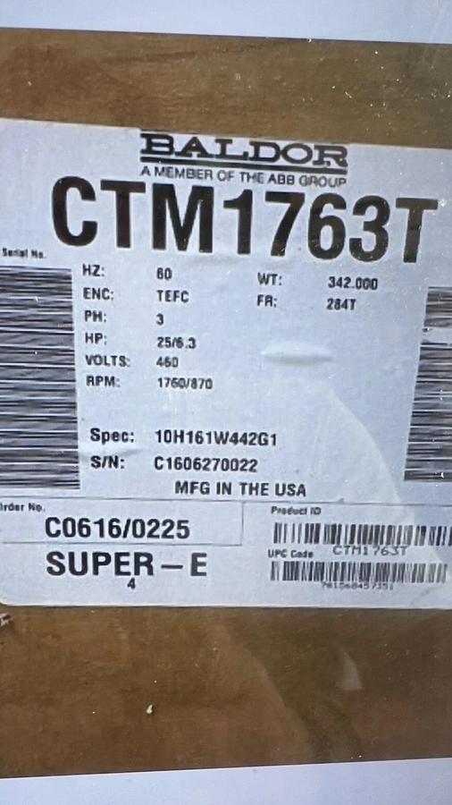 Used Baldor Reliance Industrial Motor CTM1763T 25HP 460V