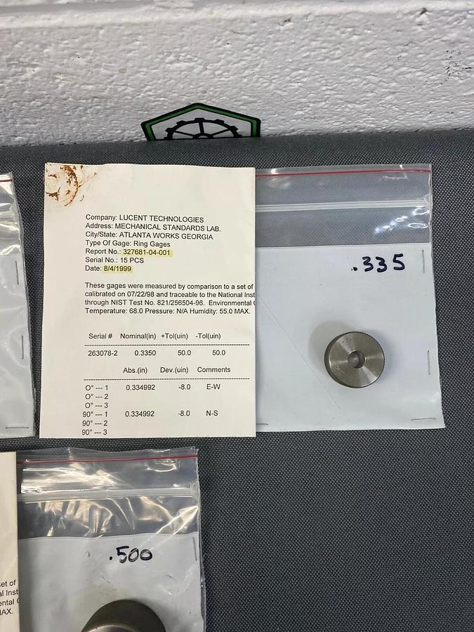 Used Ring Gage Carbide Go No Go LOT of 5 w/ Calibration Paperwork