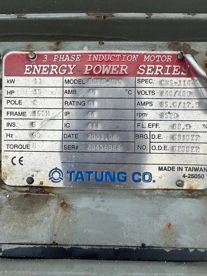 Used Tatung BBFC-HDA 15Hp Motor @ 3520RPM, 4 x 4 Chinese Pump