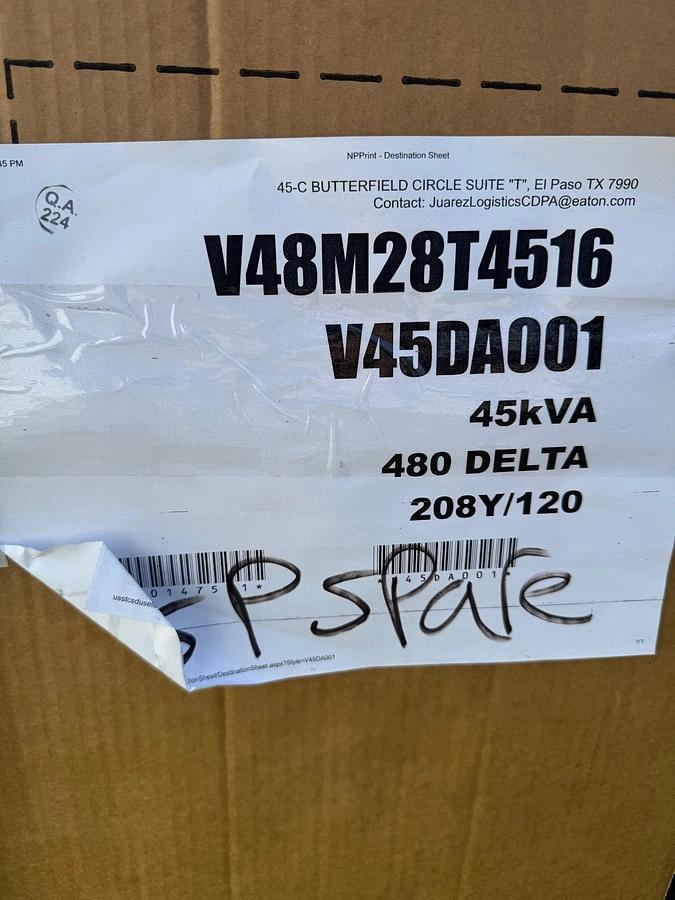 Used Eaton V48M28T4516 General Purpose Ventilated Transformer, 45kVA, V45DA001, 3 Ph