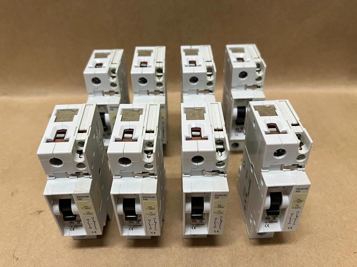 Used Siemens 5SX21 B6 230/400V Circuit Breaker, 5SX9100HS Auxiliary Contact, Lot of 8