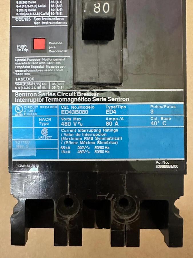 Used Siemens ED43B080 80A 3 Pole Circuit Breaker