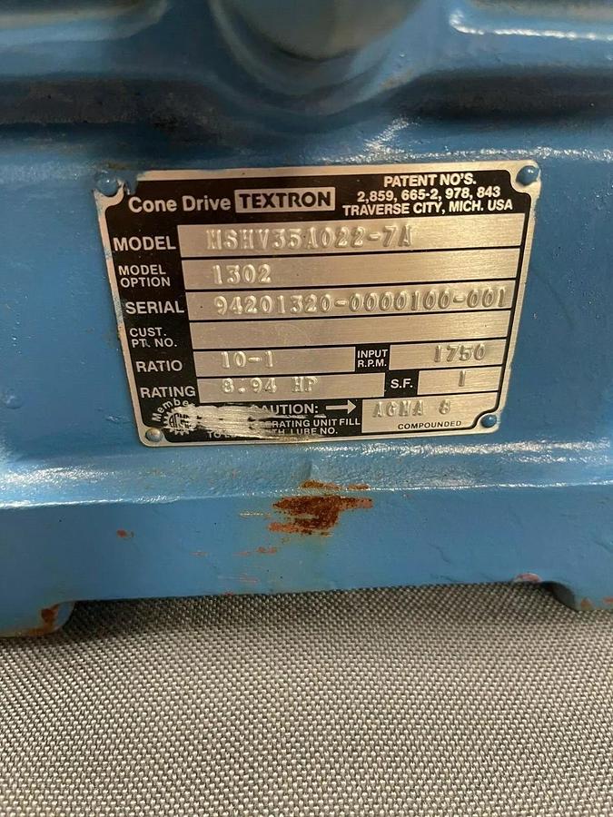 Used Cone Drive Textron MSHV35A022-7A Gearbox Speed Reducer, Ratio 10-1, 8.94 HP