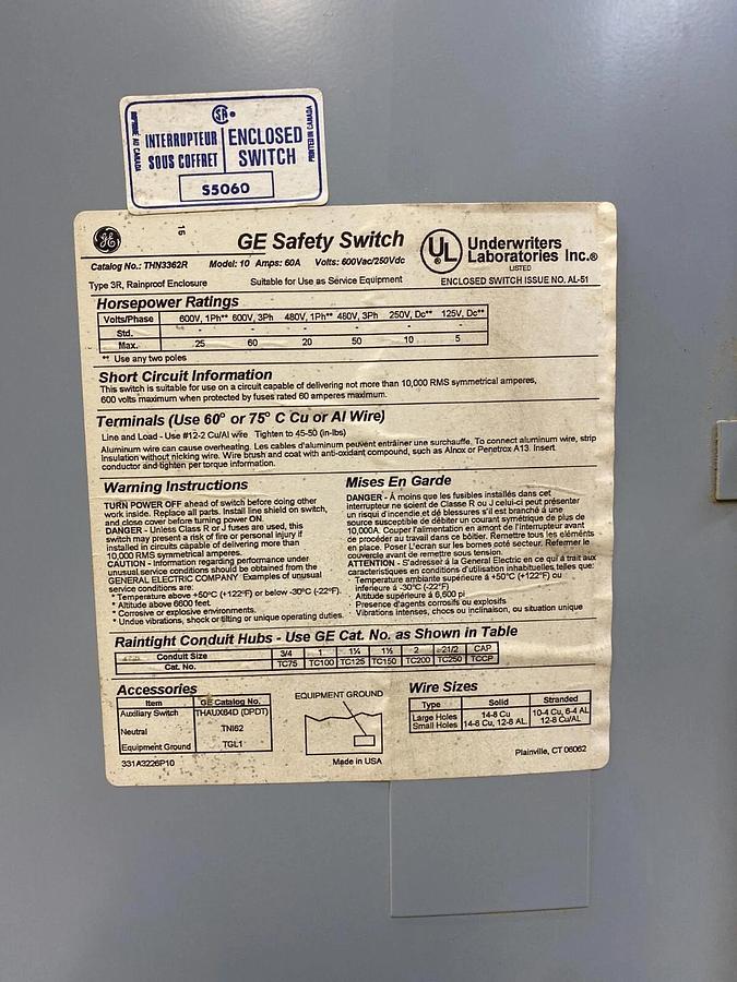 Used General Electric THN3362R Safety Switch Type 3R Enclosure 600V Model: 10 60A