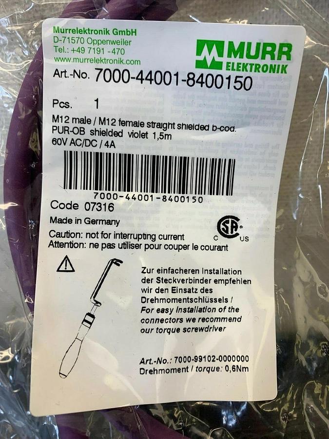 Used MURR Electronik, 7000-44001-8400150, M12 male/M12 Female, 1.5 meter length