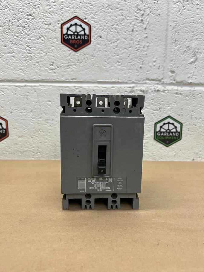 Used Westinghouse HFB3015L 15 Amp, 600 VAC, 3 Pole, Circuit Breaker