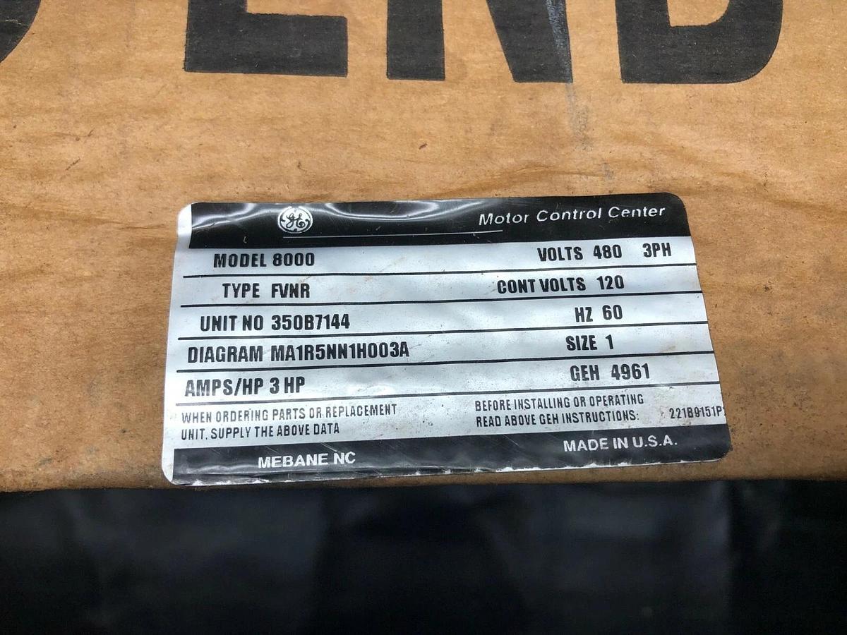 General Electric 8000-FVNR Motor Control Center, Size 1, 3 HP, 480 Volts