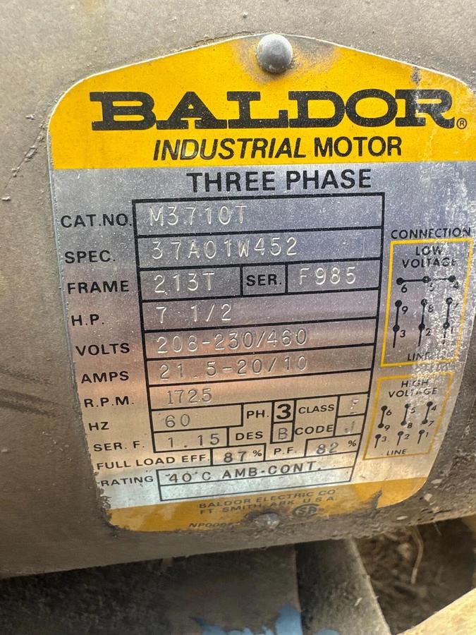 Used Baldor M3710T AC Motor, 7.5Hp @ 1725 RPM, 208-230/460V
