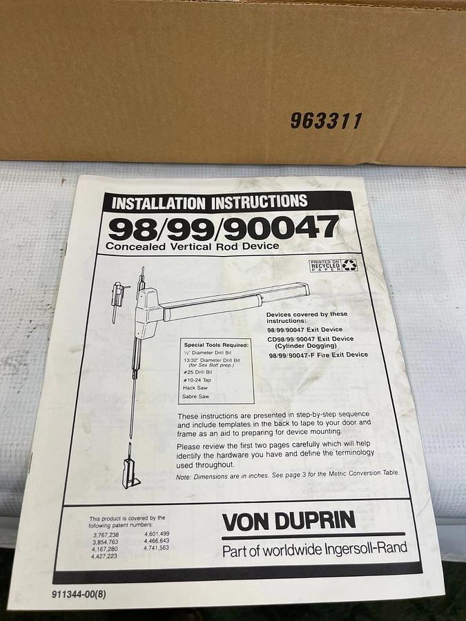 Von Duprin Ingersoll Rand 9847 L-BE US26 D Exit Device 3’ RHR NO BTM, 338 Strike